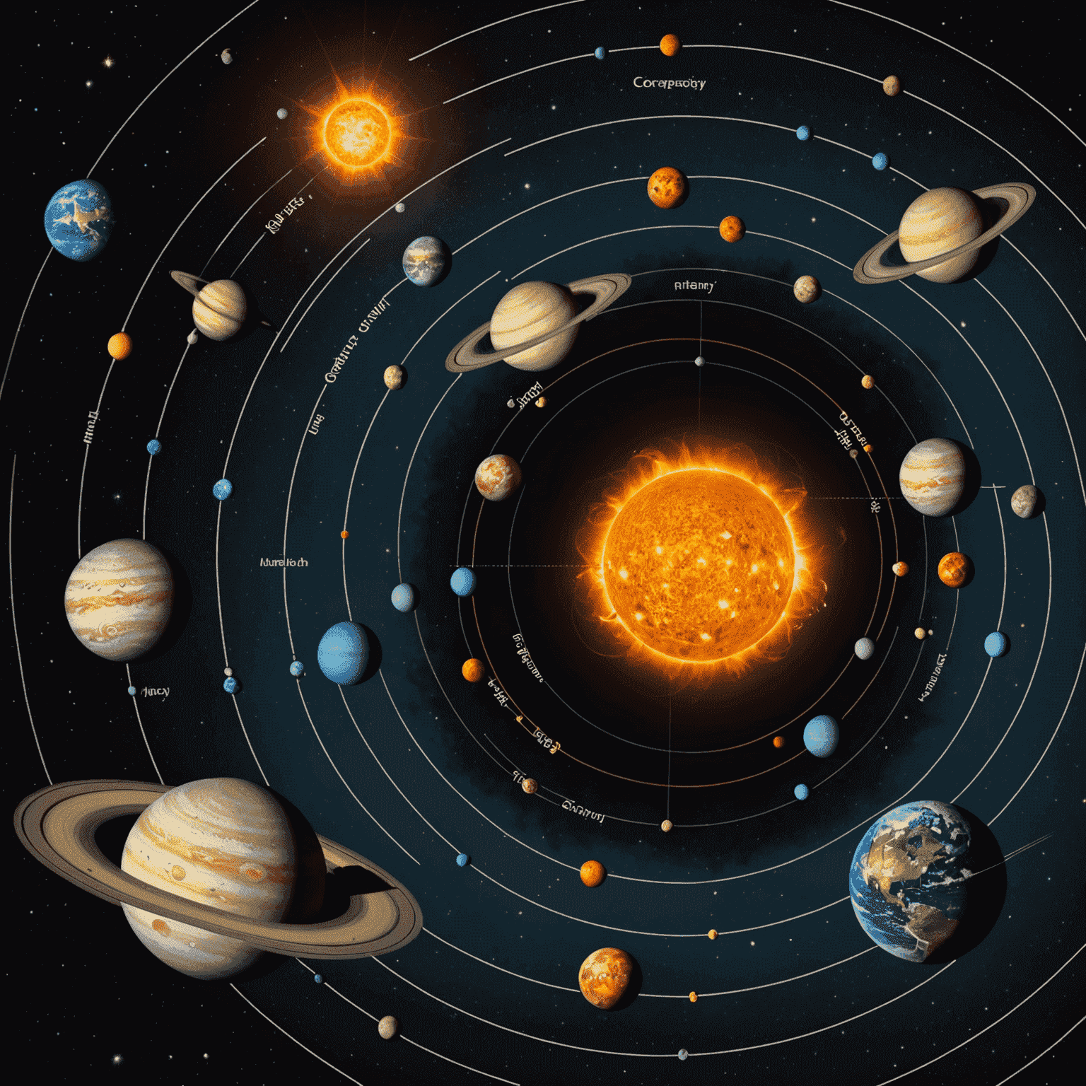 Obraz przedstawiający układ słoneczny z zaznaczonymi orbitami planet. Niektóre planety są podświetlone, symbolizując ich ruch wsteczny, z mistycznymi symbolami astrologicznymi unoszącymi się wokół nich.